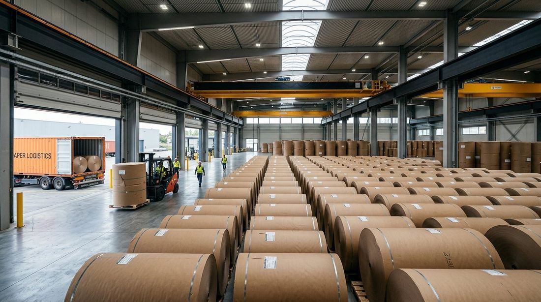 Industrial paper reels and kraft rolls in Turkish storage facility
