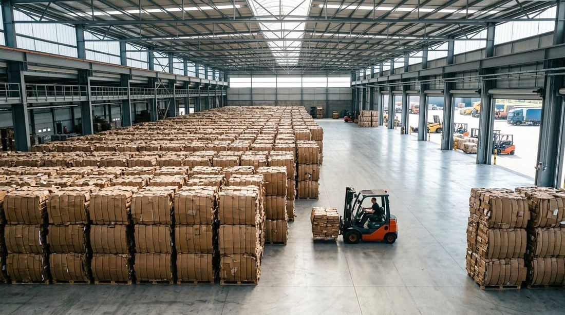 Expansive clean recycling depot with stacked high-density OCC cardboard bales
