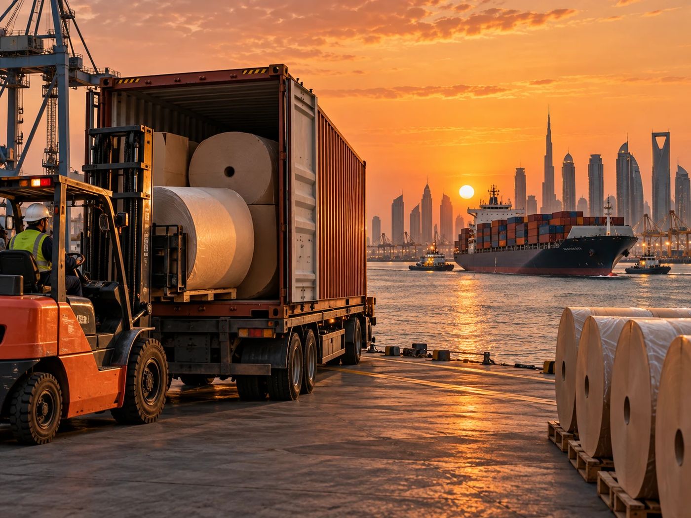 Forklift loading wrapped paper reels into a container on a quay at sunset with a container ship and a Gulf city skyline behind