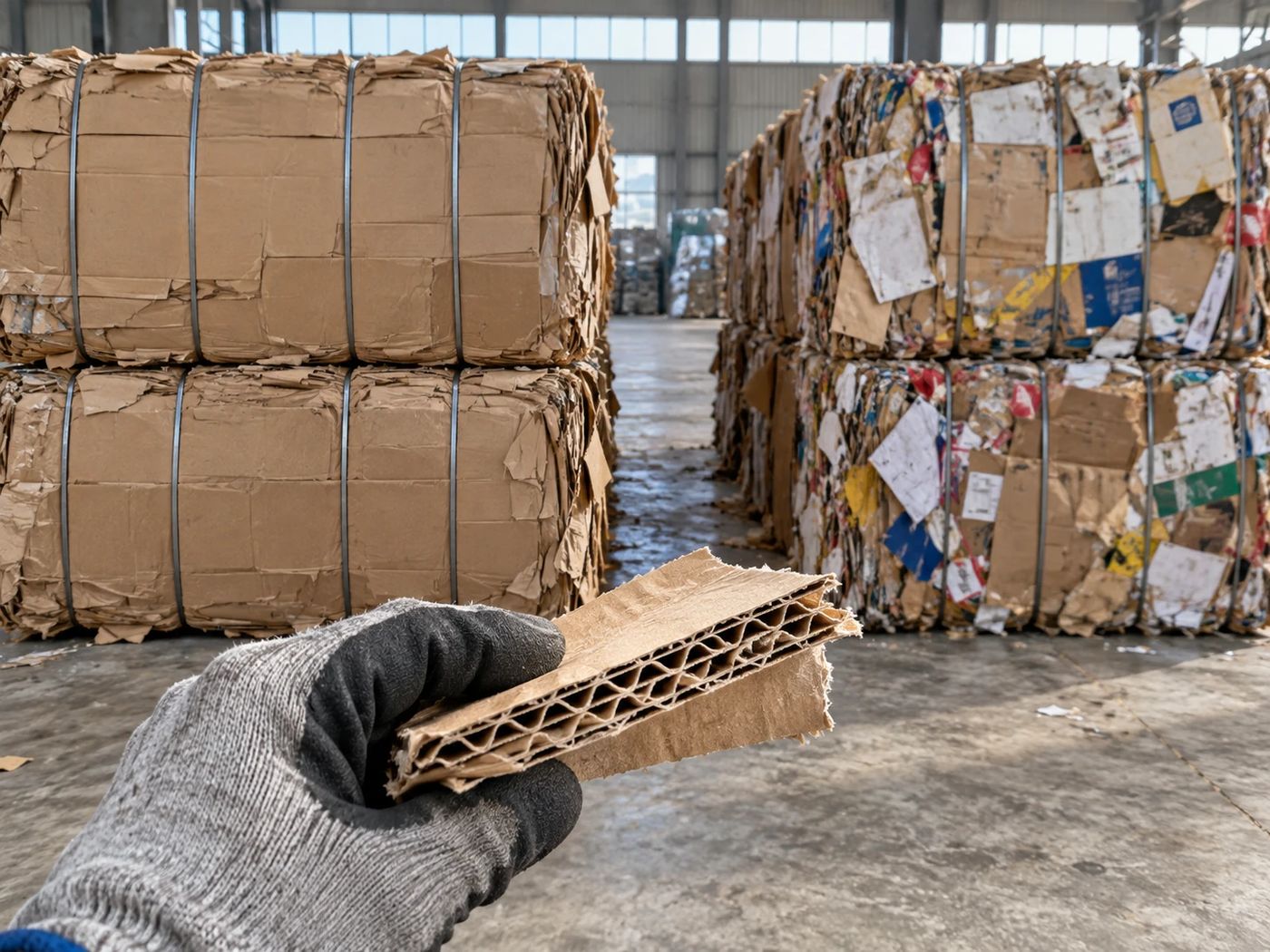 Two stacks of baled recovered corrugated cardboard in a warehouse, clean OCC on the left and mixed printed cartons on the right, with a corrugated sample held in a gloved hand