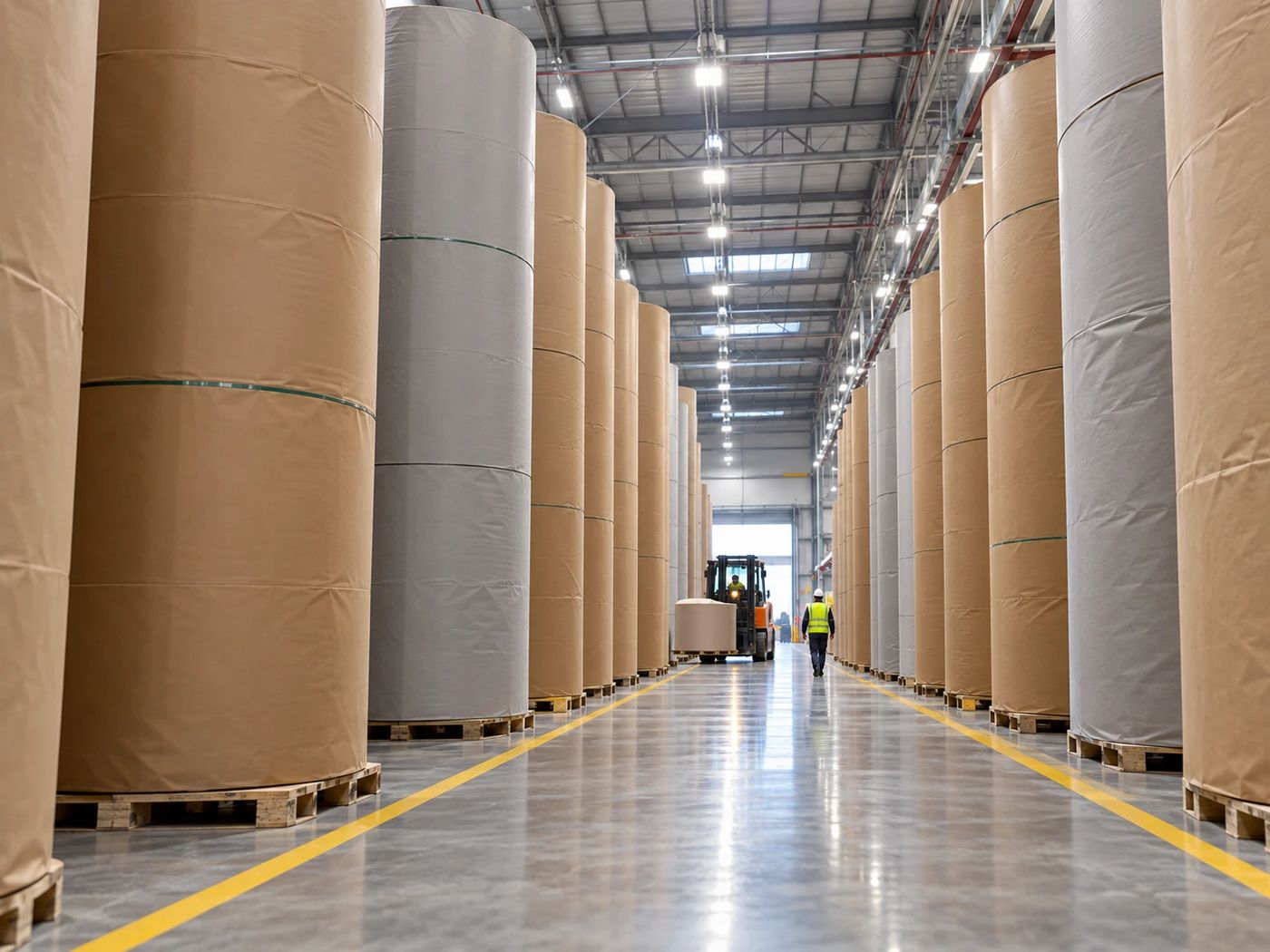 Rows of wrapped brown kraftliner and grey testliner jumbo paper reels in a paper-mill storage hall with a forklift at the end of the aisle