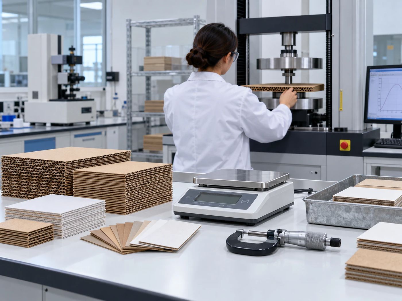 Laboratory technician testing a corrugated board sample in a compression tester, with board samples, a precision scale and a micrometer on the bench