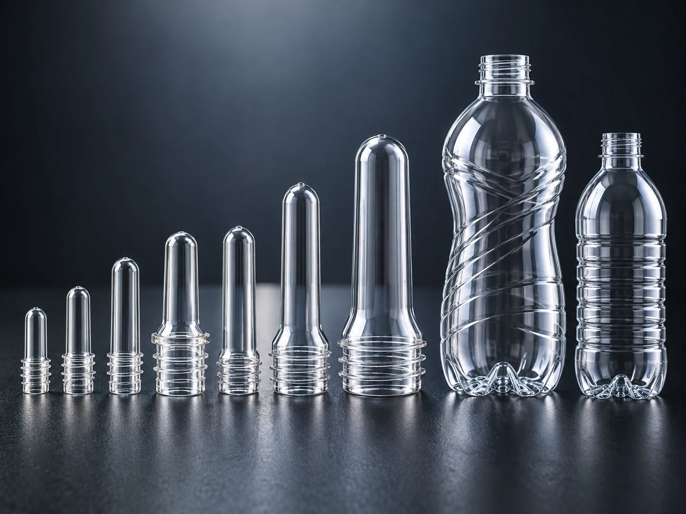 Clear PET preforms of increasing sizes with different neck finishes beside two blown transparent bottles on a dark surface