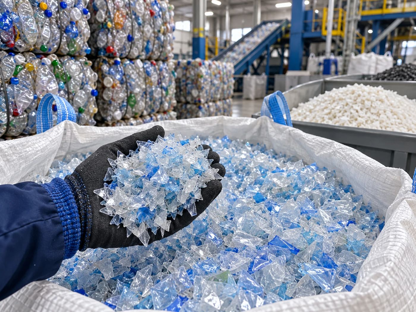 Gloved hand holding clear and blue rPET bottle flakes above a bulk bag, with baled plastic bottles in a recycling plant