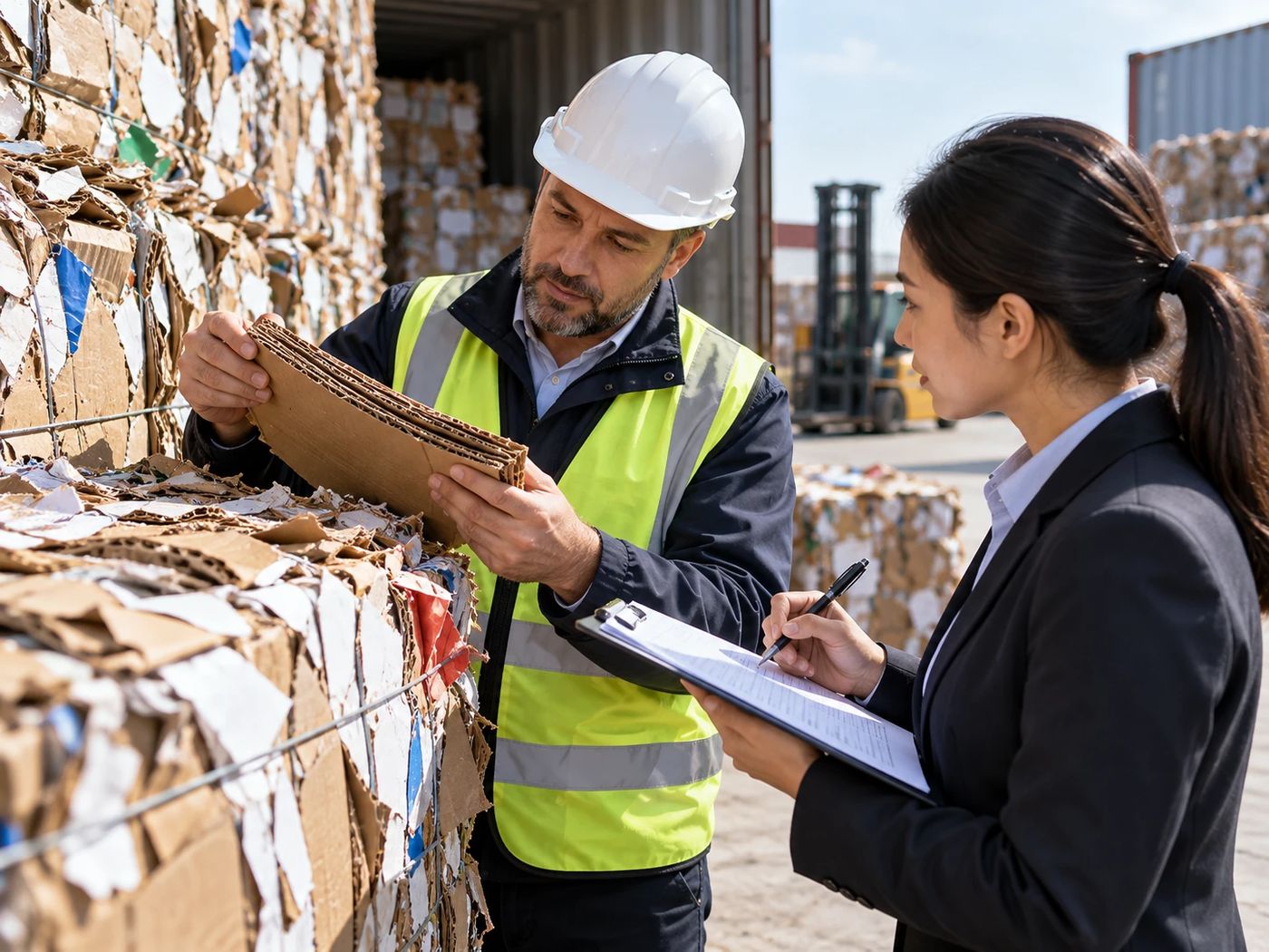 Inspector in a hard hat examining a corrugated sample from baled recovered paper while a colleague records notes on a clipboard