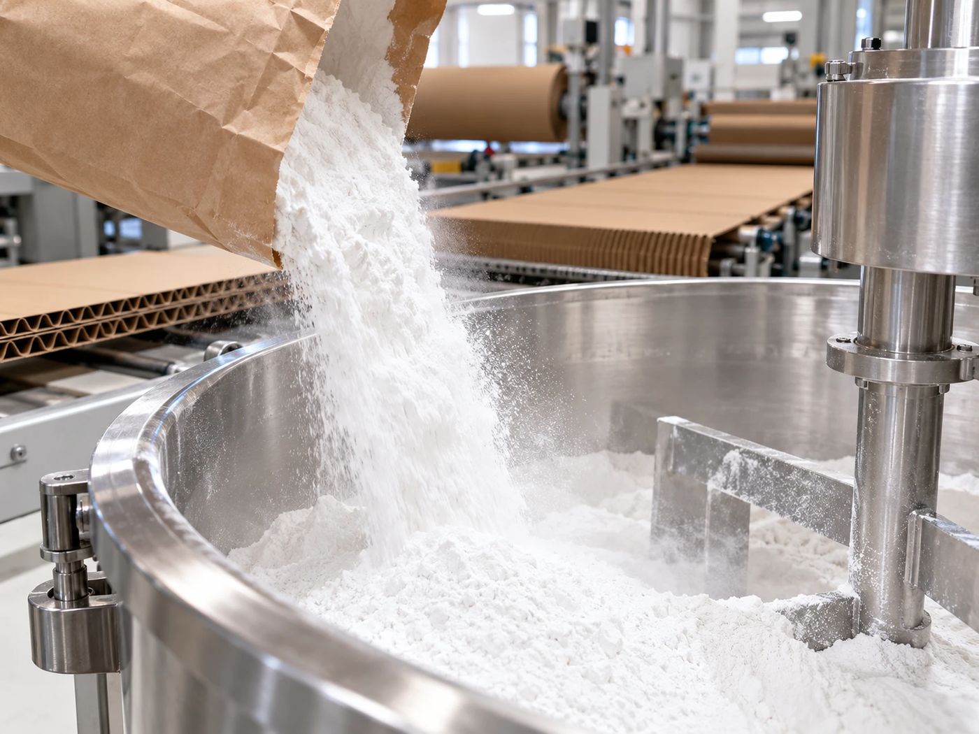 White industrial starch powder poured from a paper sack into a stainless steel mixer beside a corrugated board production line