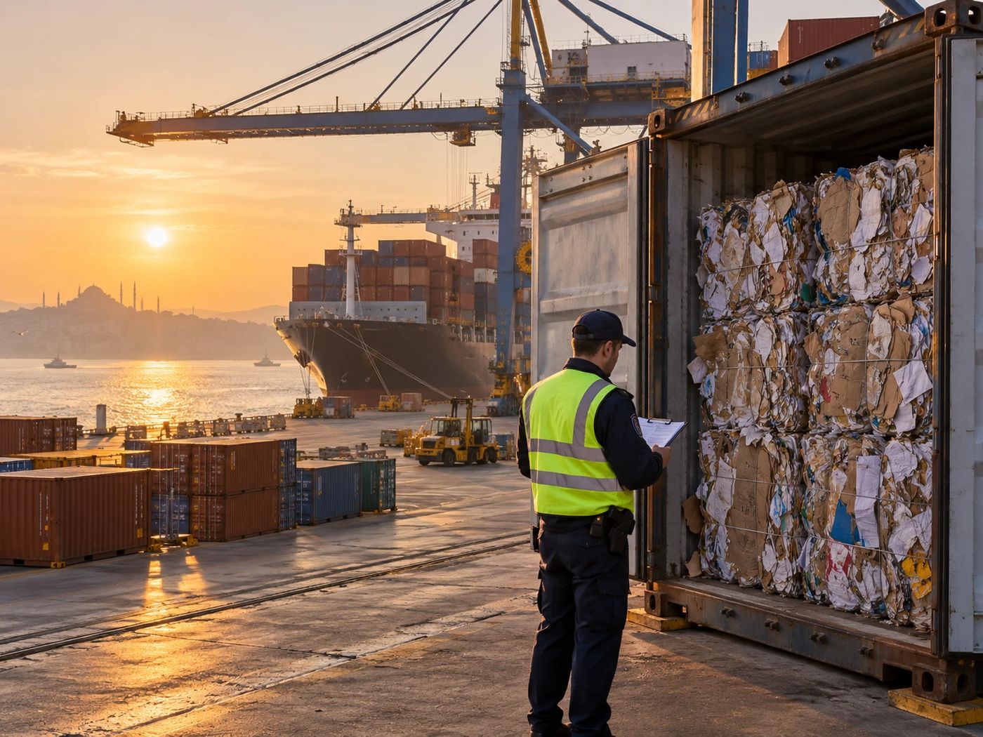 Customs inspector with a clipboard checking baled recovered paper inside an open container at a Turkish port at sunrise